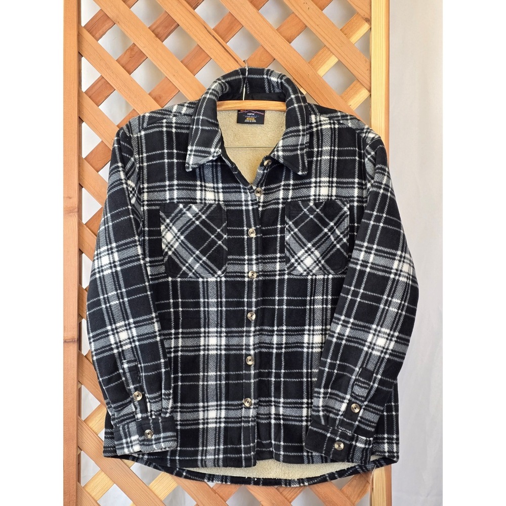 HFX Outdoors Faux Sherpa Lined Shacket Womens Medium Black‎ White Plaid -New